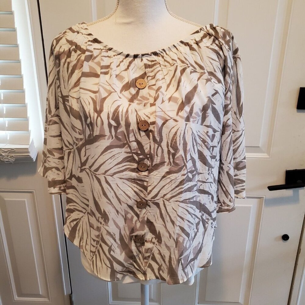 IN Studio Blouse Womens Medium Tan White Pullover Overlay Boho Coastal Beach